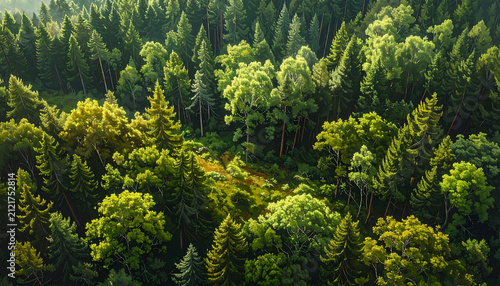 Lush Green Forest Canopy Bathed in Golden Sunlight Aerial View.