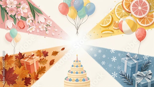 Celebration themes display seasonal changes with birthday cake, colorful balloons, and decorative floral elements.