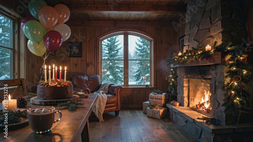 Chocolate birthday cake with lit candles sits on a wooden table near a warm fireplace in a cozy cabin interior.