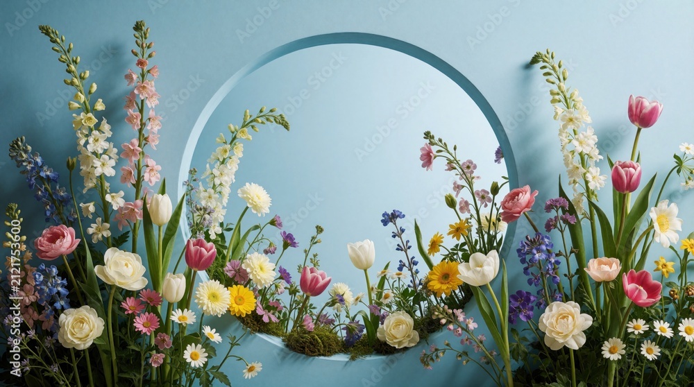 Obraz premium Mixed spring flowers like tulips, roses, and daisies arranged with green leaves against a soft blue background. A circular opening frames a pastel floral composition, adding depth.