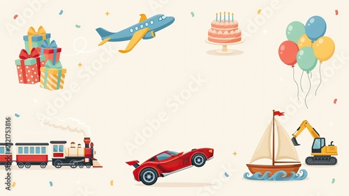 Toys featuring a train, a car, an airplane, and a sailboat are arranged on a light background with copy space area.