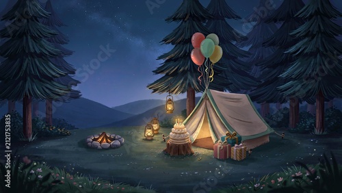 Camping tent stands in a dark forest at night with a birthday cake and gift boxes lit by lanterns nearby.
