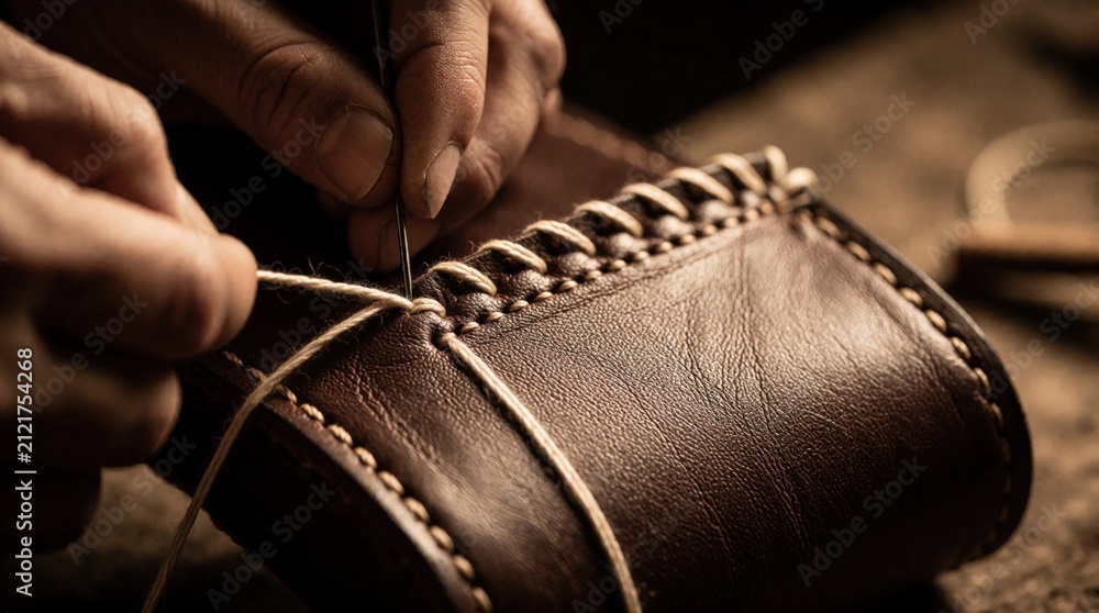 Fototapeta premium Artisan hand sews leather item with needle and thread. Close-up view shows skilled hands crafting custom accessory in workshop. Detail of careful stitching and quality material.