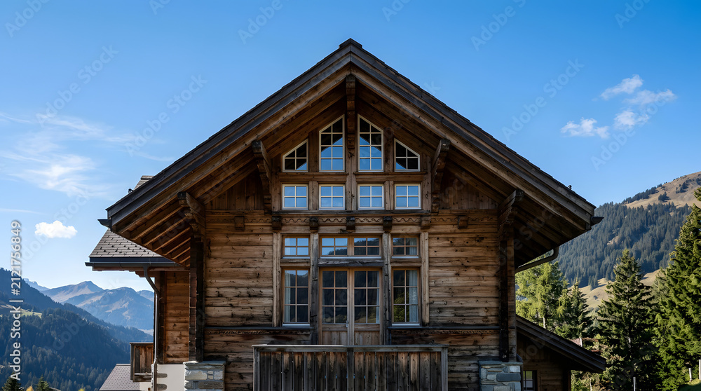 Fototapeta premium Traditional wooden alpine chalet under clear blue sky.