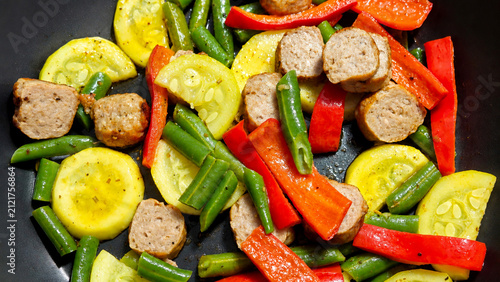 Healthy Vegetable Stir Fry with Plant-Based Sausage in Frying Pan