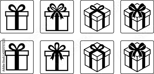 Gift boxes black line icon set with ribbon bow. present outline vector on transparent background