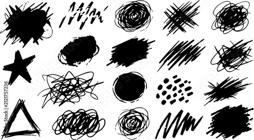 Abstract black hand drawn ink blotches and messy sketch shapes set collection