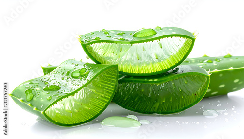 Fresh Aloe Vera Slices with Water Droplets on White Background.