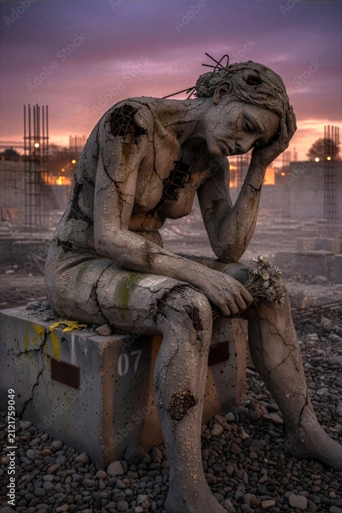 Obraz premium A cracked female concrete figure mourns amid war-torn ruins, clutching dried flowers beneath a dramatic purple sunset. An anti-war concept symbolises civilian suffering, grief, and displacement