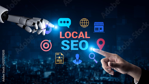 Fotografía A dynamic image depicting the interaction between a robotic hand and a human hand, emphasizing the role of local SEO in modern digital marketing and business strategies