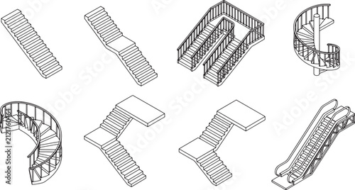 Set of isometric staircase designs including spiral stairs and escalators in black and white line art
