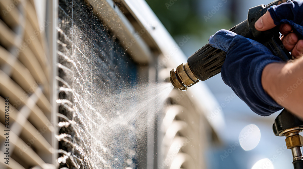 Obraz premium Close up of air conditioner coils being cleaned with a pressure washer creating a fine bright water mist faceless framing on hands and nozzle clean daylight coil cleaning