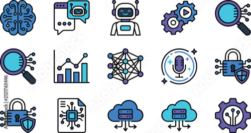 AI technology UI flat icon set featuring artificial intelligence, machine learning, automation and digital innovation symbols vector illustration