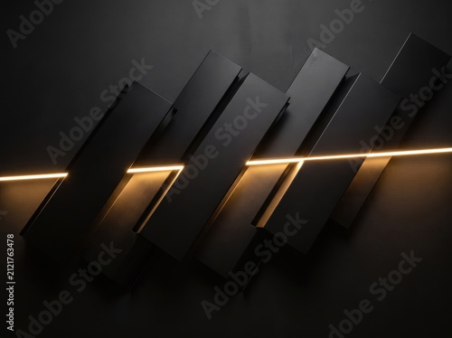 Abstract background of matte black angled rectangles with glowing orange light strip abstract background