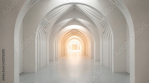 White tunnel with repeating archways. Modern architectural corridor with bright light.
