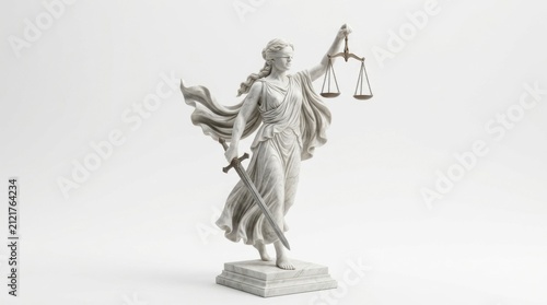 Statue of lady justice with scales and sword a white marble sculpture on a light background blindfolded drapery goddess roman mythology legal system