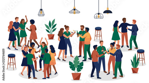 Large group of diverse multicultural people dancing and socializing at a cocktail party in a modern lounge bar with drinks, representing networking event or professional social gathering