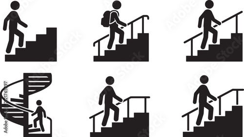 Set of black silhouette icons depicting people walking up various types of stairs and spiral staircases