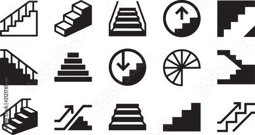 Set of black staircase icons showing various architectural stair designs and directional navigation symbols for building signage