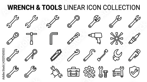 фотографія Wrench and repair tool linear icons set featuring spanners, socket wrenches, all