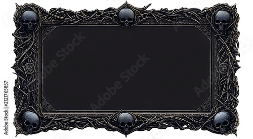 Ornate gothic picture frame decorated with human skulls and twisted vines on a white background