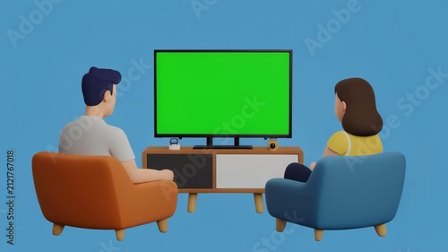Couple watching green screen TV from couch in cozy living room cinematic motion