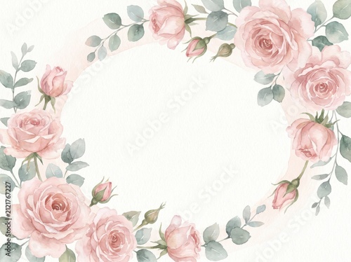 Watercolor pink rose flower frame background with watercolor botanical invitation illustration background