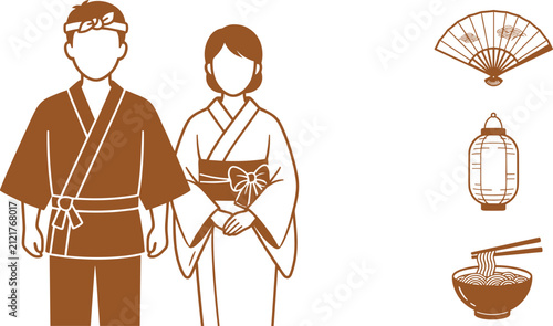 Canvastavla Japanese Culture Icon Set with Traditional Kimono Costume Folding Fan Lantern an