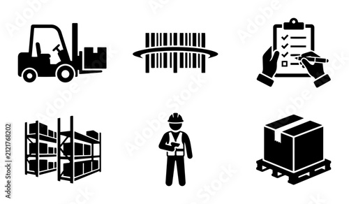Warehouse Logistics Icons: Forklift, Barcode, Checklist, Shelving, Worker, Package