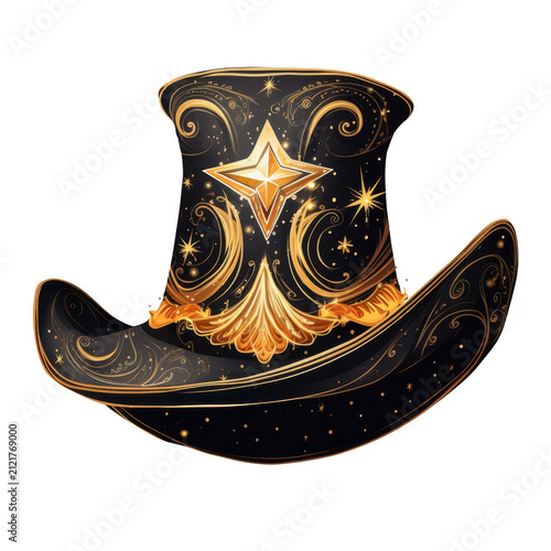 Black vintage top hat decorated with golden stars and ornate flourishes isolated on transparent background