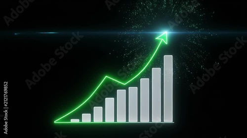 Financial bar chart growth with green line indicator during digital data analysis on black background