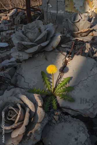 A bright yellow dandelion blooms among shattered concrete roses and war-torn rubble, creating a poignant anti-war symbol of hope, resilience, remembrance and life triumphing over destruction.