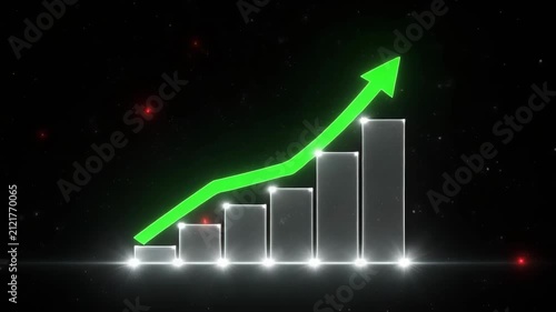 Financial growth bar chart with upward green arrow during dark particle background and bright illumination