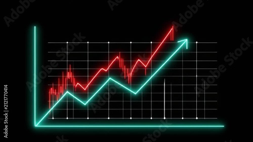 Financial growth chart with upward trend and red fluctuating line during dark background exploration
