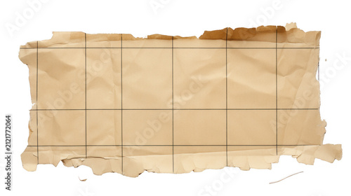 Rectangular piece of aged torn grid paper isolated on transparent background