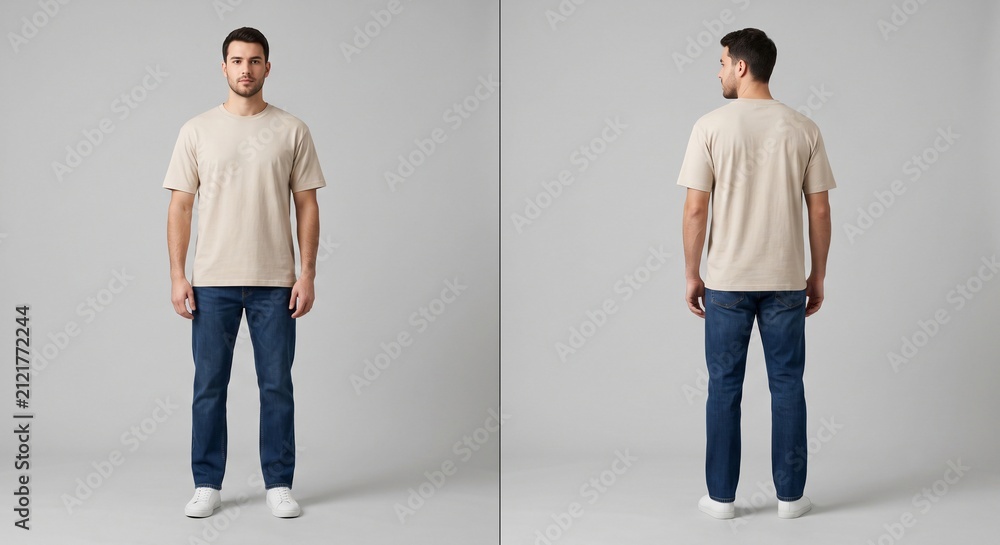 Fototapeta premium Studio mockup of a male model wearing a blank off-white crewneck t-shirt and blue jeans, showing front and back views against a light gray background.