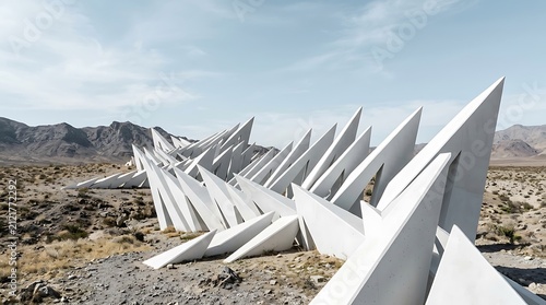 White triangular sculptures in desert. Abstract geometric art installation in nature.