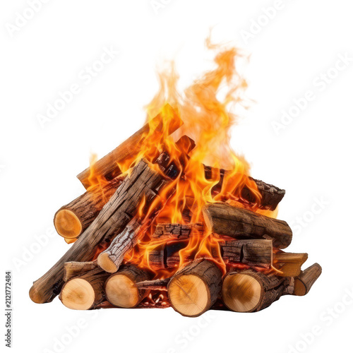 Burning campfire with glowing orange flames and stacked wooden logs over transparent background for camping design