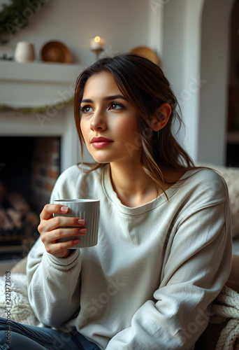 Young woman holding a warm ...
