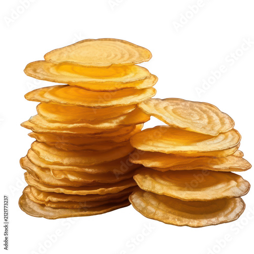 Double stacks of crunchy golden root vegetable chips or thin fried snacks on transparent