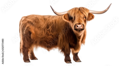 Fluffy Highland cattle standing on a transparent background