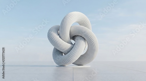 Abstract white sculptural knot. Modern geometric art installation against a clear sky.