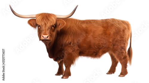 Scottish highland cow standing tall isolated on transparent background