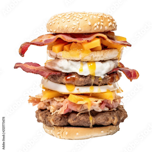 Massive double beef burger with crispy bacon fried eggs and melting cheese on sesame bun