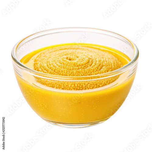 Fresh delicious mustard sauce in glass bowl on transparent background cutout