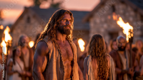 Samson interacting with Philistine wedding guests at a village feast in Timnah, showing cunning and resolve.