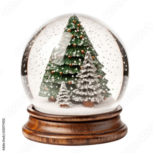 Classic round glass snow globe featuring decorated green christmas tree with falling snow effect