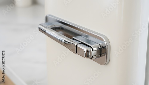 Close up shot of a polished chrome retro refrigerator latch handle on a vintage cream fridge door in a modern kitchen for domestic design concept