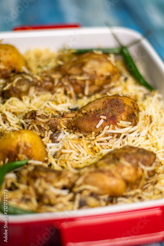 Spicy chicken biryani with basmati rice, indian cuisine