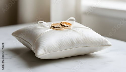 Gold wedding rings resting on a white silk ring bearer pillow for a carrying ceremony concept, highlighting love, commitment, and elegant marital harmony
